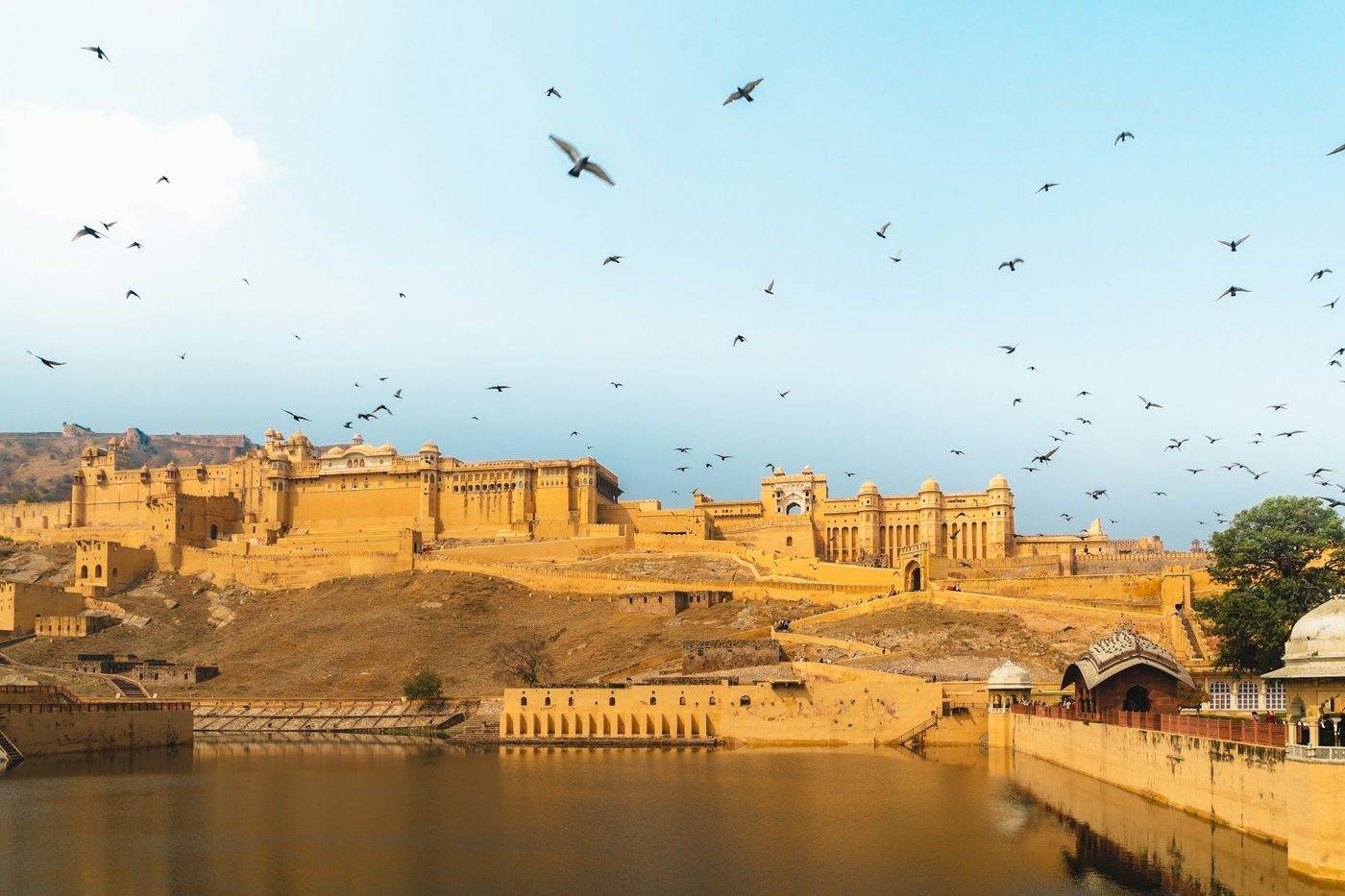 Amber Fort above its lake at first light on The Rolling Stones' Way India journey