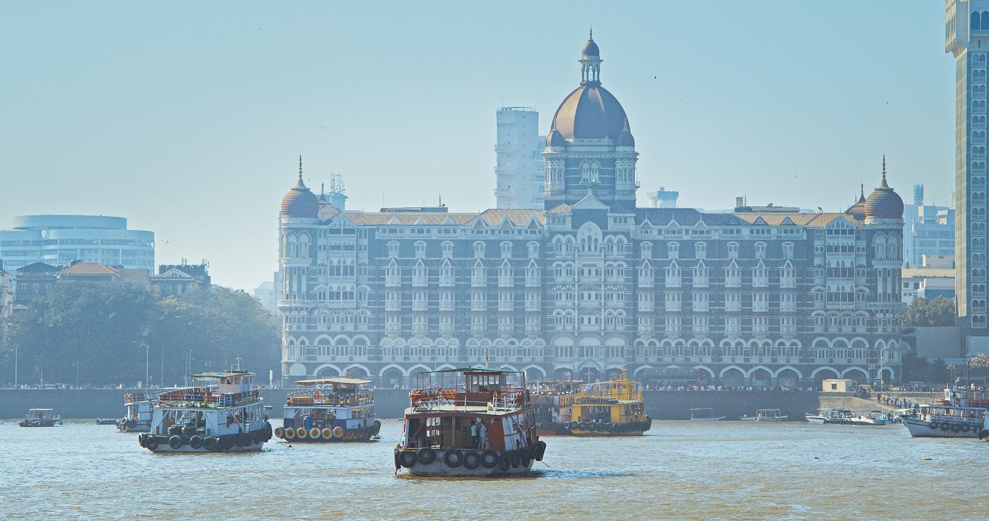 Boats at the Gateway of India on arrival into Bombay harbour