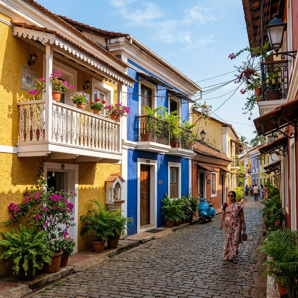 Lamplit Latin-quarter lane in Fontainhas, Goa, at dusk