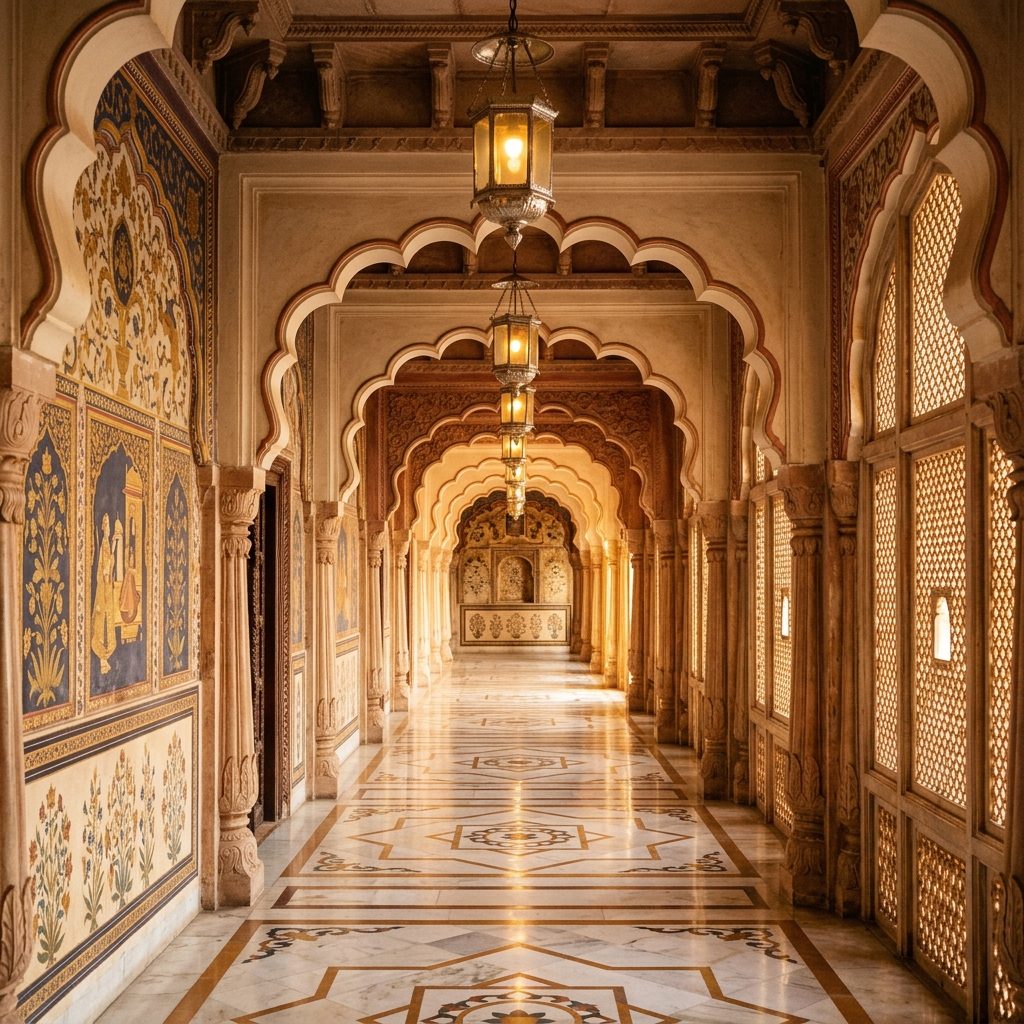 A lamplit interior set for a private evening of Indian music