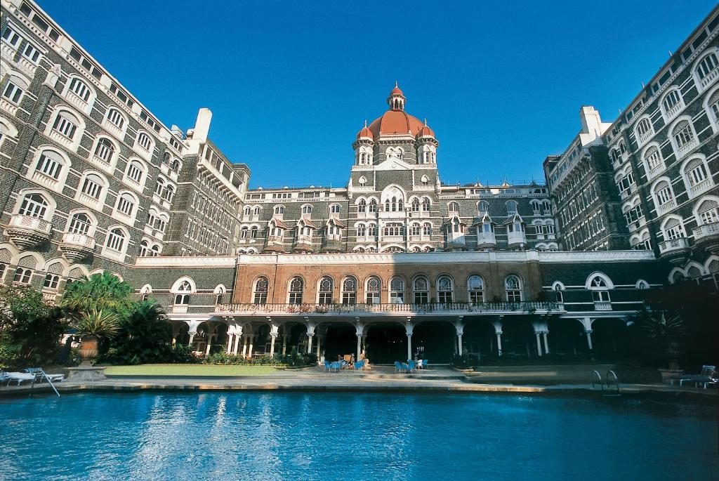 The Taj Mahal Palace hotel on the Bombay harbour front at night